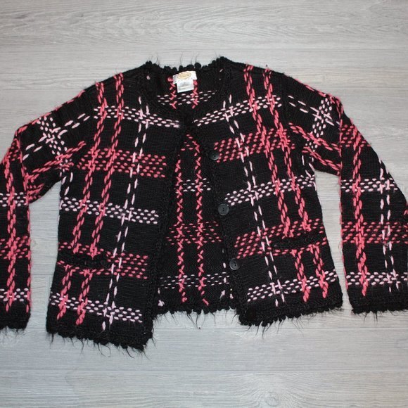 TALBOTS Petite Wool Blend Cardigan Plaid Sweater Black/Pink/Coral Size M - Picture 1 of 5